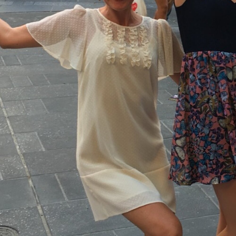 Cream Dotted Chiffon Shift Dress, Size Small